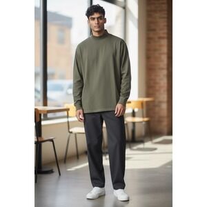 Lands' End Men XL Olive Green Super-T Mock Neck Long Sleeve Cotton Shirt Casual